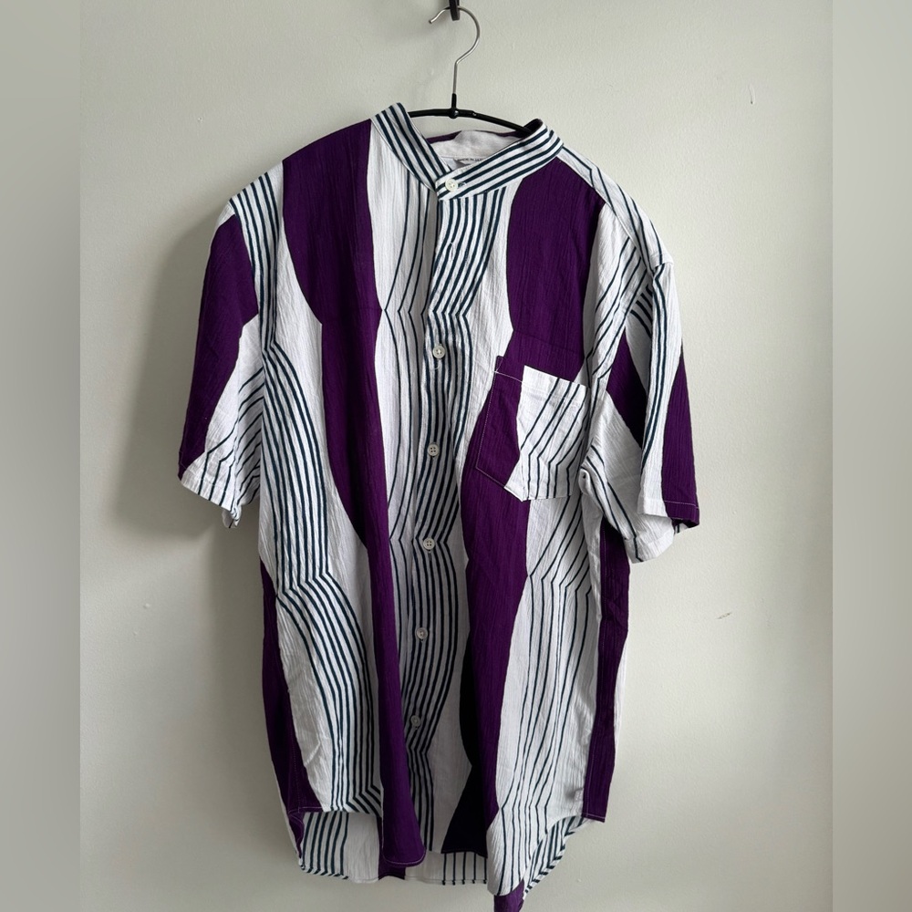Striped Purple & White Short Sleeve Button-Up Top